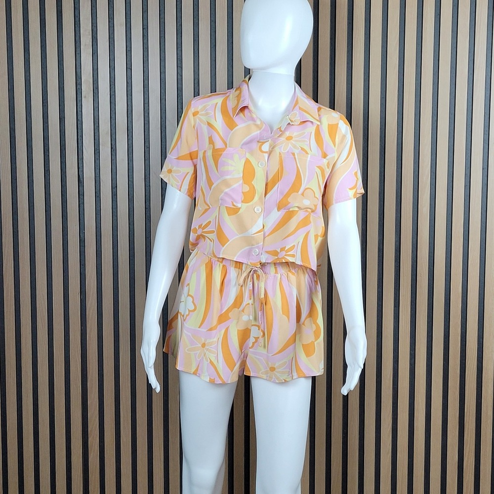 L.I.F.E. Shorts Set Retro Psychedelic Floral Orange Pink Rayon 2pc Medium